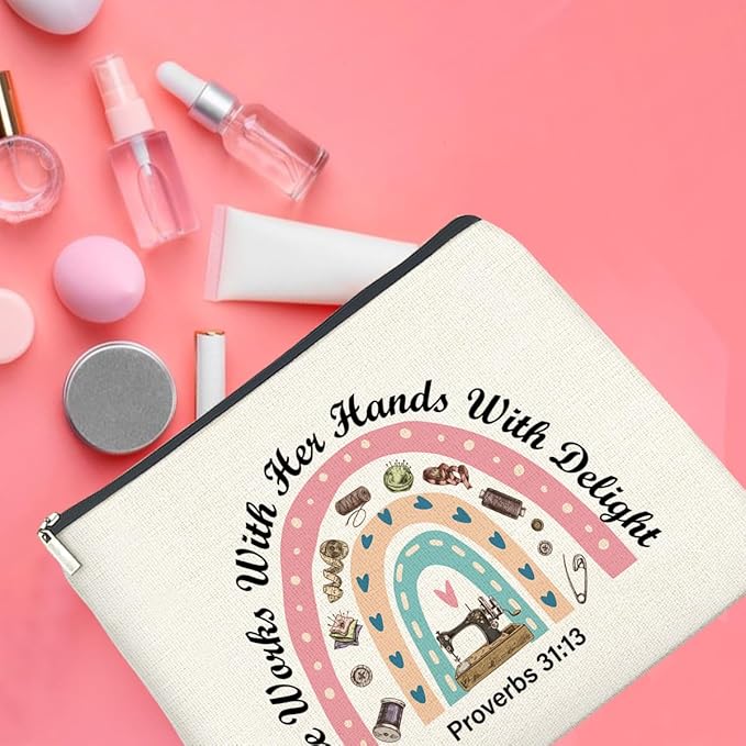 UPNEGE Sewing Lover Gifts Makeup Bag Gift for Quilter, Christian She Works with Her Hands in Delight Cosmetic Bag Zipper Makeup Pouch
