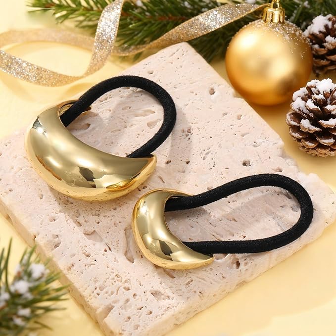 2PCS Gold Hair Ties for Women - Metal Hair Accessories for Thick Hair, Elegant and Durable Geometric Design, Ponytail Cuffs Stretchy Non-Damage