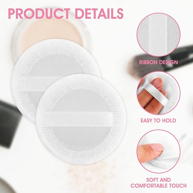 Sibba Powder-Puff 2PCS Cotton Cosmetic Face Makeup Velour Powder Pads with Ribbon for Loose and Foundation Round White Dry Puff Suitable for Eyeshadow Blush Concealer and etc.