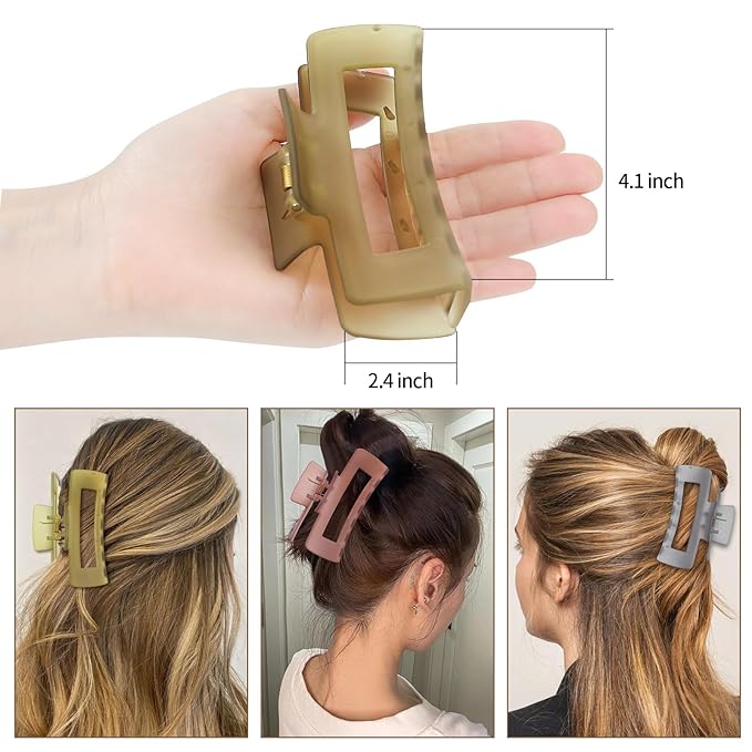 Sisiaipu 4 Inch Big Hair Claw Clips 6 Pcs Large Claw for Thick Hair Square Hair Clips for Women Rectangle Hair Clips Nonslip Acrylic Banana Jaw Clips Hair Accessories for Girls (Tea)