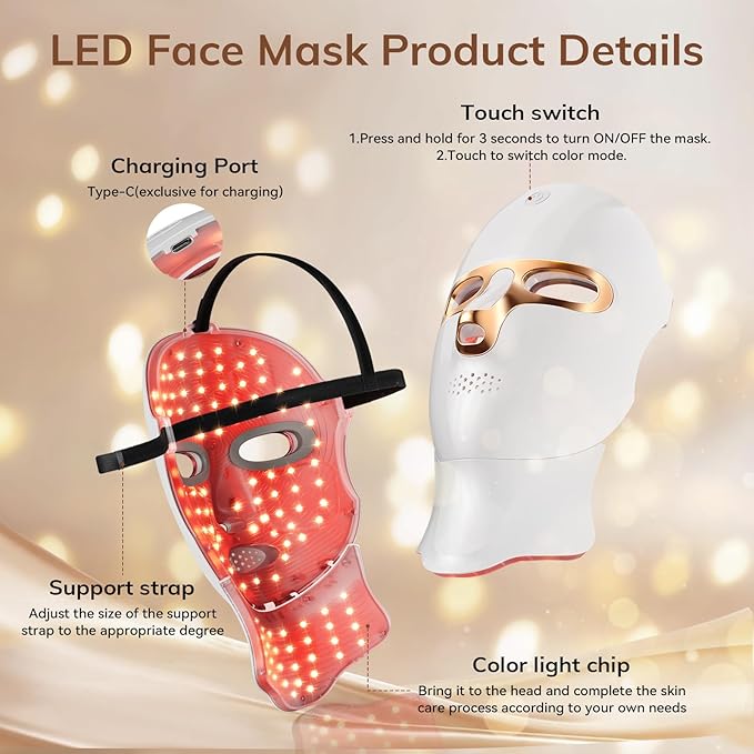 Red Light Therapy Mask for Wrinkles & Mild to Moderate Inflammatory Acne, Cordless Rechargeable Multi-Wavelength LED Facial Skincare Device for Home & Outdoor Use