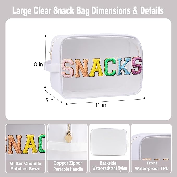 YogoRun Clear Large Chenile Letter Snack Bag Travel Essentials Clear Toiletry Bag for Travelling Make Up Bag Women Cosmetic Organizer (XL,White-Snacks)
