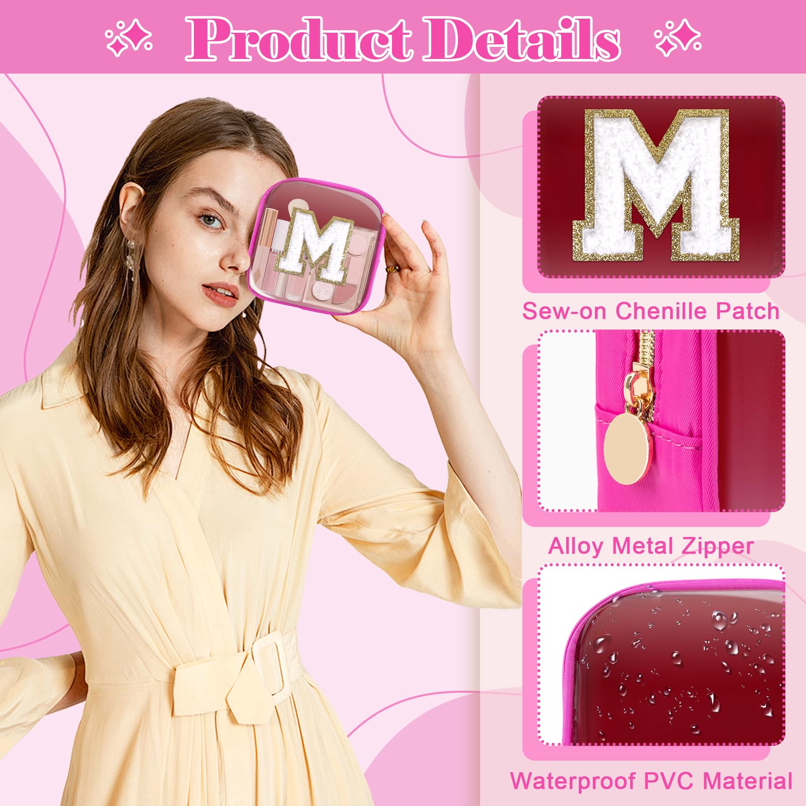 Personalized Initial Letter Clear Preppy Makeup Bag,Mini Nylon Chenille Letter Cosmetic Bag Cute Zipper Pouch Coin Purse for Teen Girls,Portable TSA Approved Travel Essentials Bag Gift for Women,M