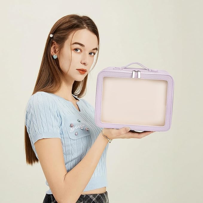 idoltimes Clear Makeup Bag,Large Toiletry Case for Women,PU Leather Travel Cosmetic Bag,Detachable Makeup Case,Double Compartment Make up Organizer