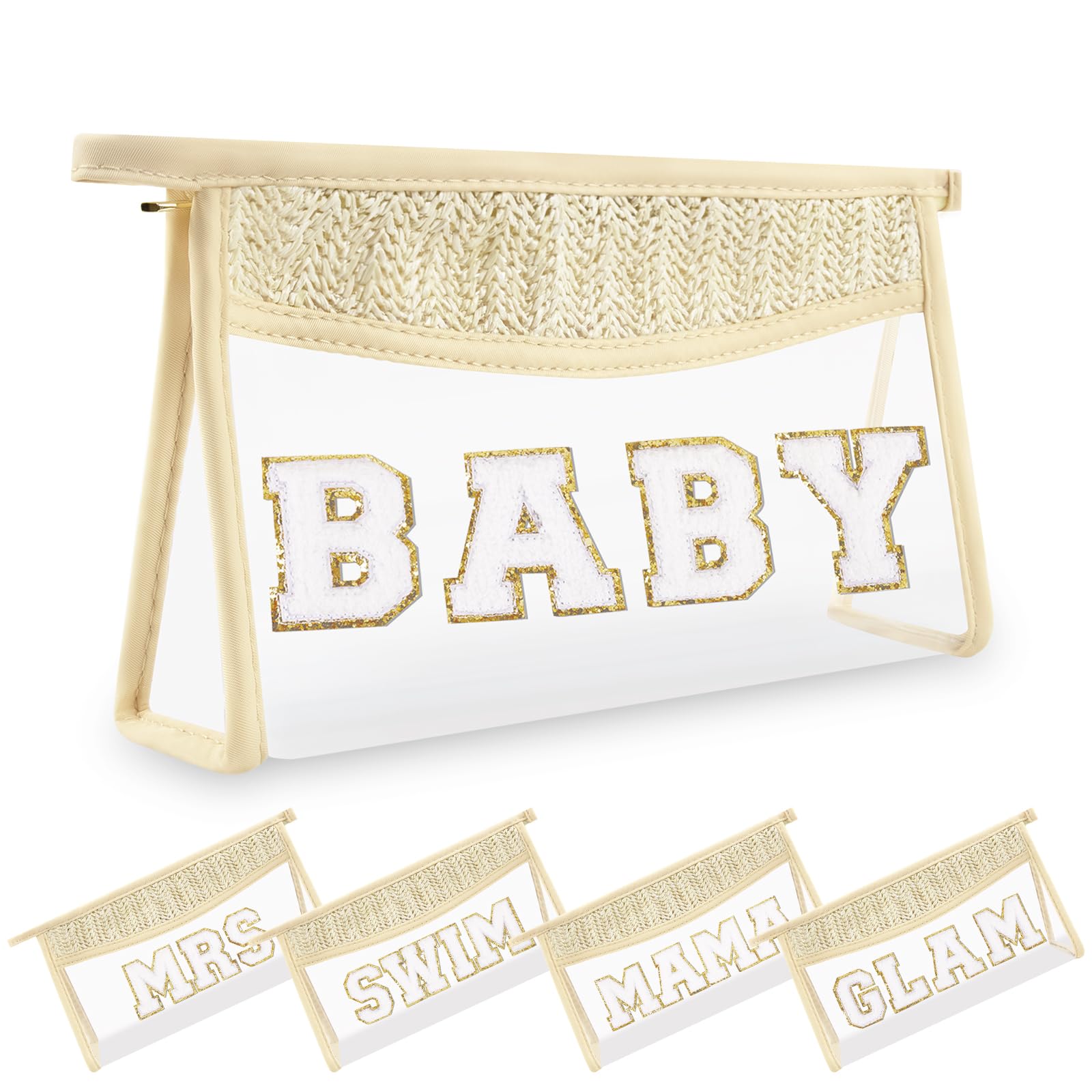 Small Boho Straw Clear Baby Makeup Bags for Women&Girls, Zipper Cosmetic Bag Chenille Varsity Letter Patch Bag, Preppy Cute Toiletry Pouch, Trendy Organizer Storage Bag for Beach Travel Essentials