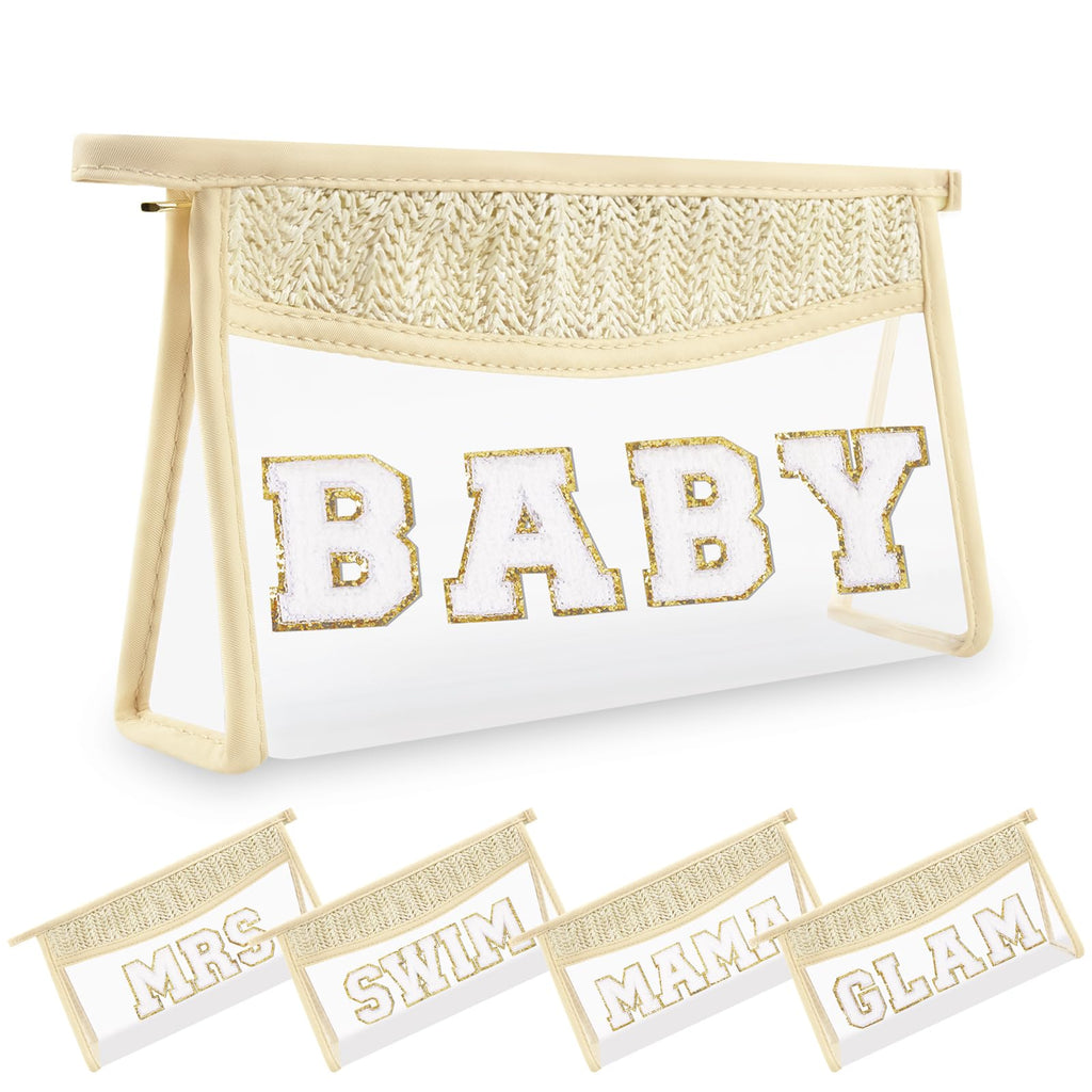 Small Boho Straw Clear Baby Makeup Bags for Women&Girls, Zipper Cosmetic Bag Chenille Varsity Letter Patch Bag, Preppy Cute Toiletry Pouch, Trendy Organizer Storage Bag for Beach Travel Essentials
