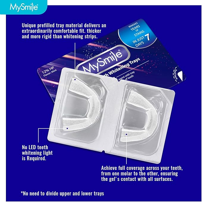 MySmile 7 Treatments Prefilled Teeth Whitening Trays Kit with 12% Hydrogen Peroxide Whiter Gel for Sensitive Tooth, Fast-Result Vegan Teeth Whitener U-Wraps Tooth Stain Remover, Mint Flavor