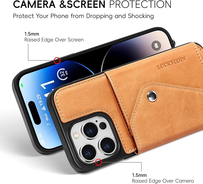 LUCKYCOIN Crossbody Phone Case for iPhone 14 Pro Max, 100% Genuine Leather Phone Wallet Case for Women, Premium Hands-Free Phone Purse with Expandable Flip Card Holder & Adjustable Strap - Retro Tan