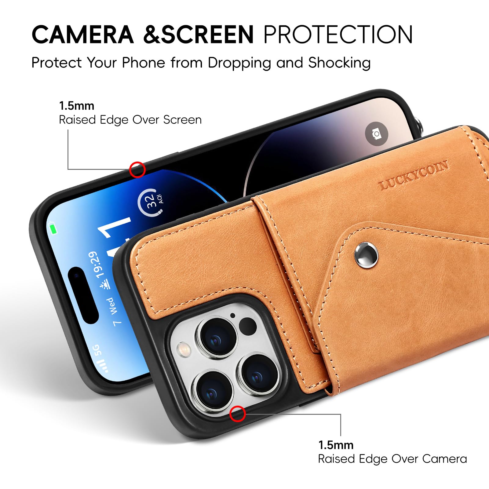 LUCKYCOIN Crossbody Phone Case for iPhone 14 Pro Max, 100% Genuine Leather Phone Wallet Case for Women, Premium Hands-Free Phone Purse with Expandable Flip Card Holder & Adjustable Strap - Retro Tan
