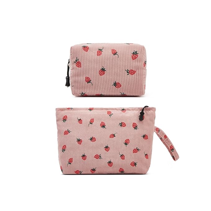 ZOEMTIU Makeup bag set small Cosmetic bag for women purse Corduroy Organizer with interior Pockets,cute Pencil zipper Pouch travel Toiletry Bag with handle((Strawberry Pink)