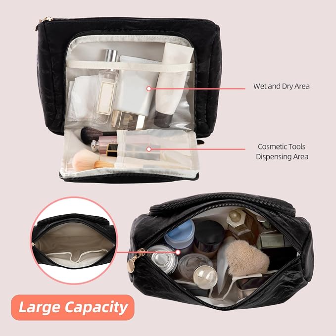 YIYIDSTO Cosmetic Bag Travel Makeup Bag Large Capacity Small Travel Zipper Pouch Makeup Organizer Bag for Women (Black-2 Pack)