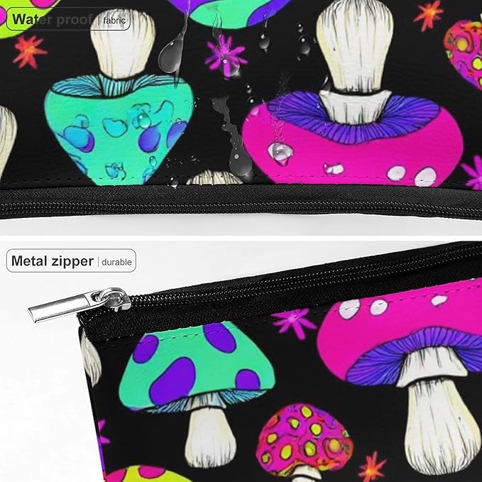 Meaudiwes Fashion Zipper Cosmetic Case, Portable Makeup Case, Personality Toiletry Bag, Travel Cosmetic Toiletry Bag Trippy Magic Neon Mushrooms
