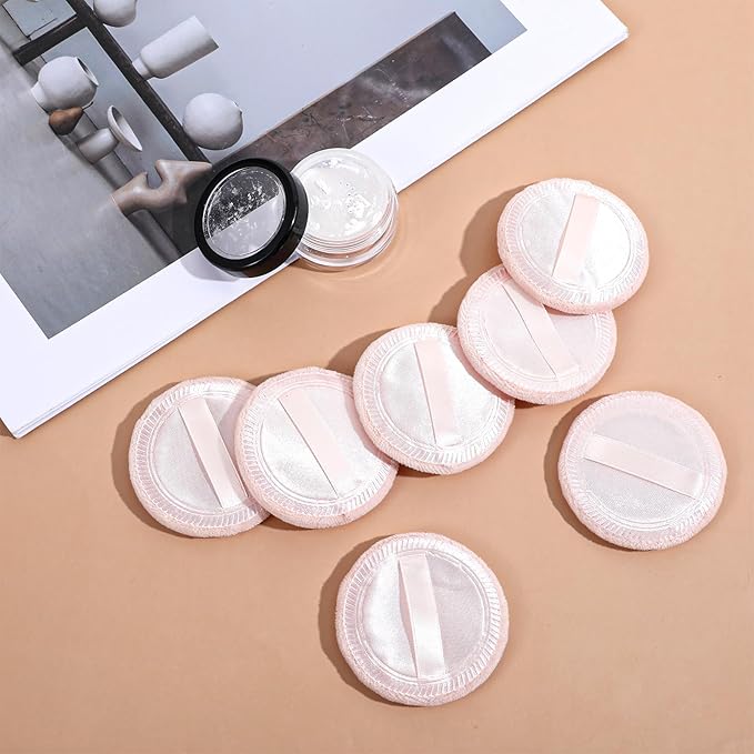 Xindojuz 12 PCS Makeup Powder Puffs, 2.36 Inch Washable Cotton Soft Makeup Remover Pads for Face, Mini Round Cushion Foundation Puffs with Ribbon for Loose Setting Pressed Powder (Beige)