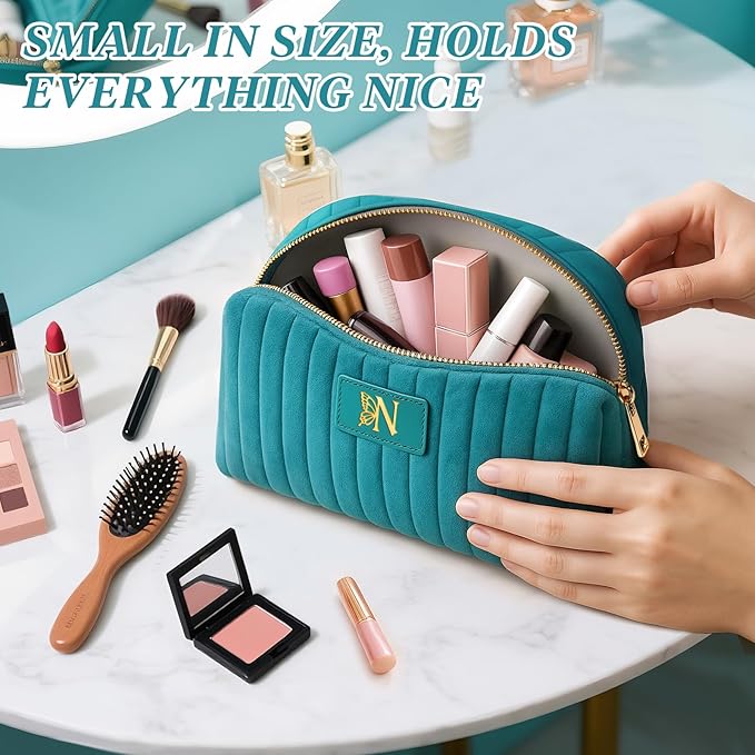 BagUrshion Monogrammed Make Up Bags for Women,Personalized Cosmetic Bags Women,Small Quilted Makeup Pouch,Cute Makeup Bag Travel,Birthday Gifts for Teen Girl (Blue N)