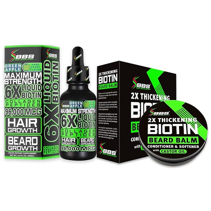 Beard Growth Kit w/ 2X Thickening Biotin Beard Balm Care & Beard Conditioner + 6X Liquid Biotin with Collagen Peptides for Beard & Hair Growth