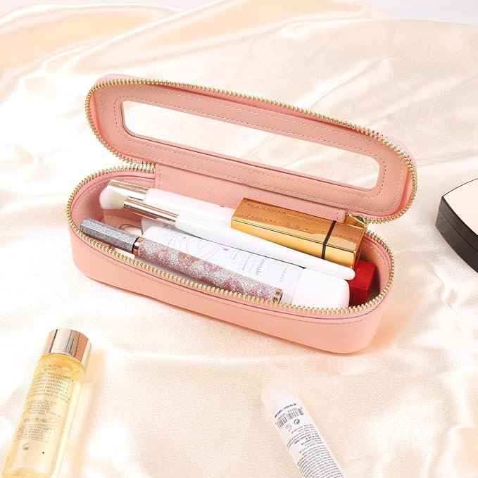 FFpaw Clear Makeup Bag, Small Makeup Bag TSA Approved Toiletry Bag Cosmetic Travel Bag Cute Makeup Bag Organizer Makeup Case Pouch Car Essentials for Women Men (Slim Pink)
