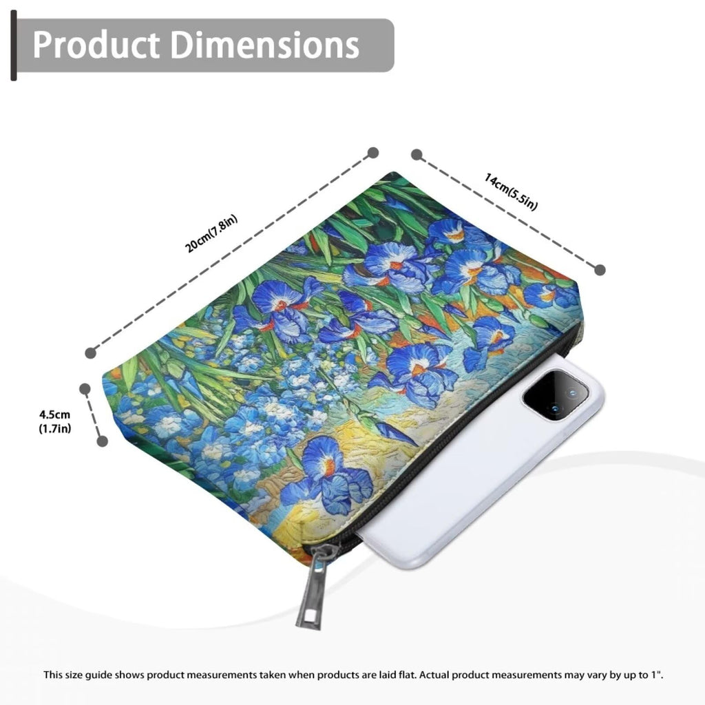 COEQINE Leather Cosmetic Purses for Women Wedding Floral Makeup Bag Organizer Portable Travel Lisptic Pouch With Zipper Womens Evening Wedding Party Cosmetic Purse Wallet,Iris Floral Art Print