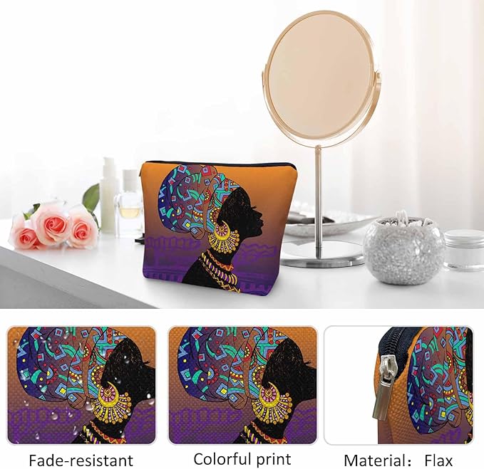 Kalygon Makeup Bag African Woman Makeup Bags For Purse Pouch, Traditional Black African Woman Travel Toiletry Bag Cosmetic Bag Makeup Bags Flax Makeup Organizer Bag Pencil Pouch For Man Woman