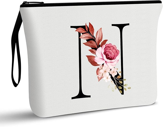 Vavabox A-Z Personalized Makeup Bag, Birthday Gifts for Women Mom, Gifts for Best Friend, Bride Bridesmaid Cosmetic bag (N, 01-White)