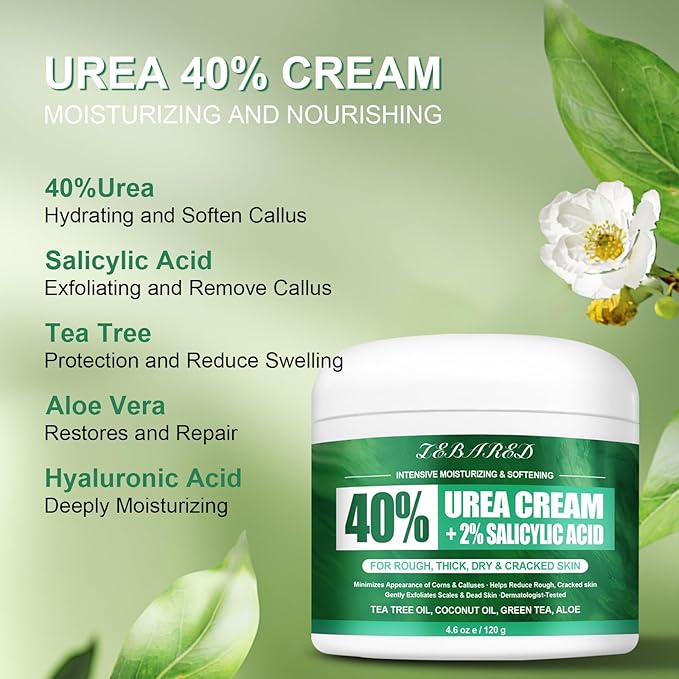 LEBARED Urea Cream 40 Percent For Feet Maximum Strength, Plus 2% Salicylic Acid with Hyaluronic Acid, Urea Foot & Hand Cream for Dry Cracked, 4.6 oz