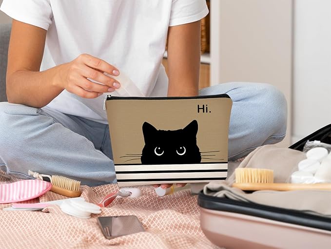 BARPERY Cute Cat Makeup Bag, Kitty Cosmetic Pouch (Black, Light Purple)