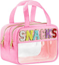 BuyCard Chenille Letter Clear Snack Makeup Bags, Waterproof Large Clear Travel Toiletry Bag, Nylon Snacks Cosmetic Pouch Bag with Handles and Zipper, Storage Bag for Women, Pink