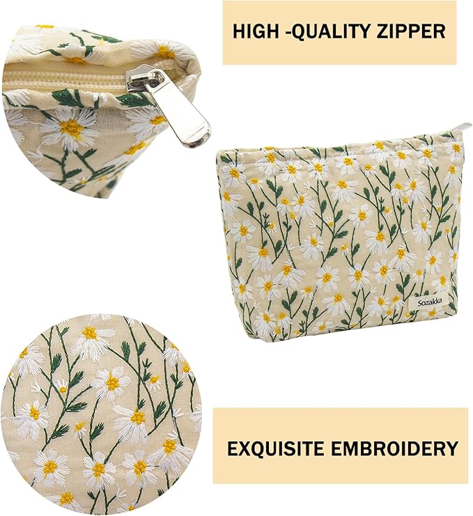 getgto 2 Pcs Makeup Bags, Large Cosmetic Bag Travel Toiletry Bag Organizer for Women, Embroidery Craft, Floral Makeup Bag Small Cosmetic Pouch Purse with Zipper Gifts for Girls Teen