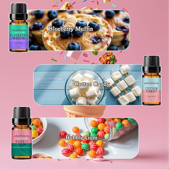 AROPERIMA Dessert House Fragrance Essential Oil Set - Cotton Candy, Blueberry Muffin, Hot Chocolate, Bubble Gum, Strawberry, Gingerbread 6x10ML for Diffusers, Massage, Perfume, Soap Making and Candle
