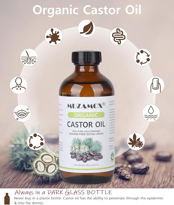 MUZAMOX Castor Oil Pack Wrap & 8fl.oz Glass Bottle Set, Organic Cold-Pressed Unrefined Castor Oil Included