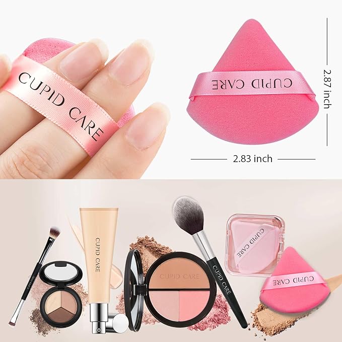 CUPID CARE 6 Pcs Triangle Powder Puff with 2 Travel Cases, Setting Powder Puffs for Face Powder and Foundation, Velour Makeup Puff for Loose Powder Body Powder, Skin-Friendly, Beauty Makeup Tools-Red