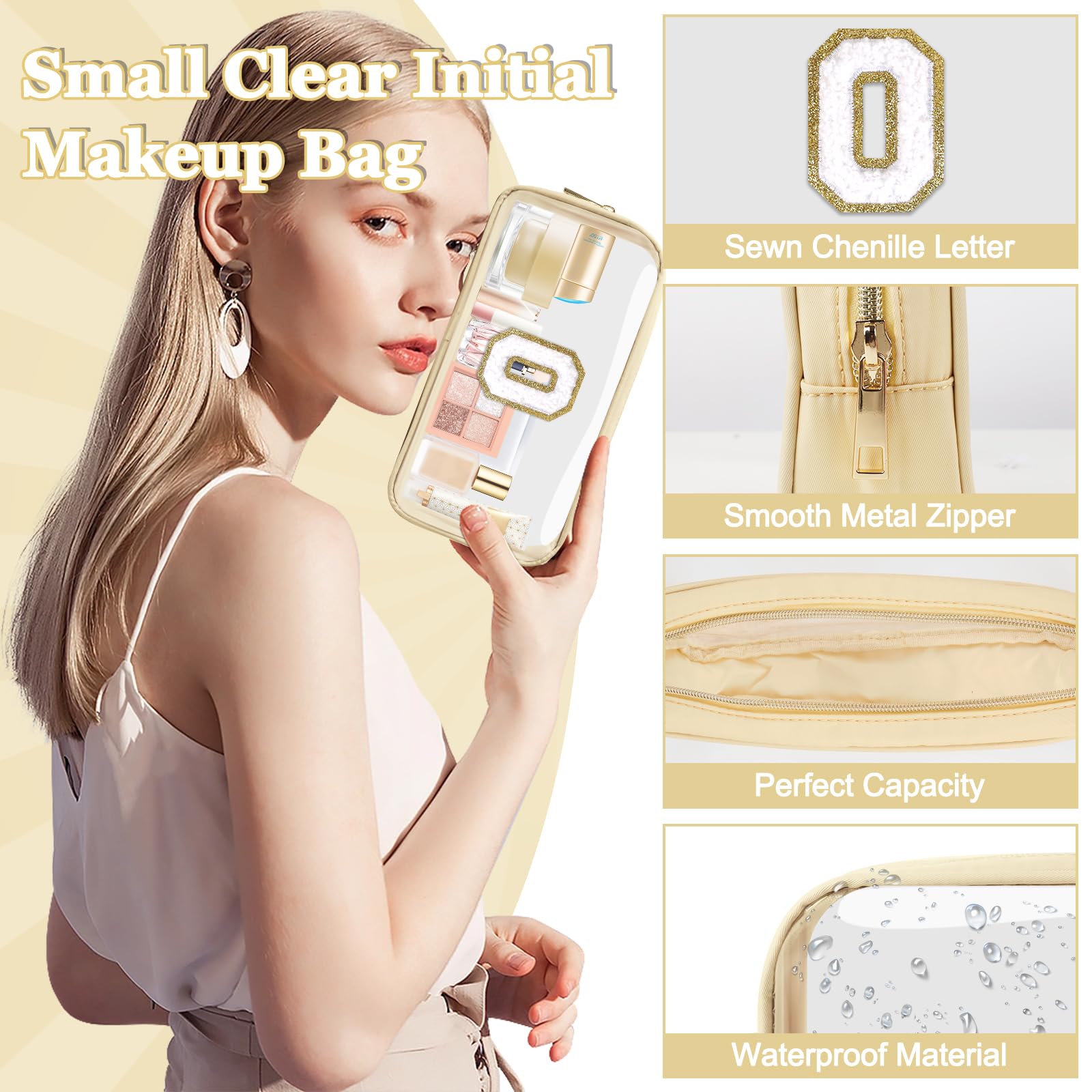 Small Clear Personalized Initial Makeup Bag, Preppy Nylon A-Z Chenille Letter Patch Makeup Organizer TSA Approved Travel Toiletry Bag,Waterproof Zip Beach Cosmetic Pouch Purse for Women(Beige-White O)