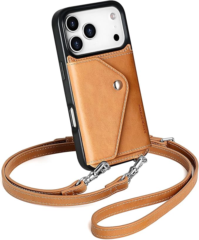 LUCKYCOIN Crossbody Phone Case for iPhone 17 Pro,100% Genuine Leather Phone Wallet Case for Women, Premium Hands-Free Phone Purse with Expandable Flip Card Holder & Adjustable Strap - Retro Tan