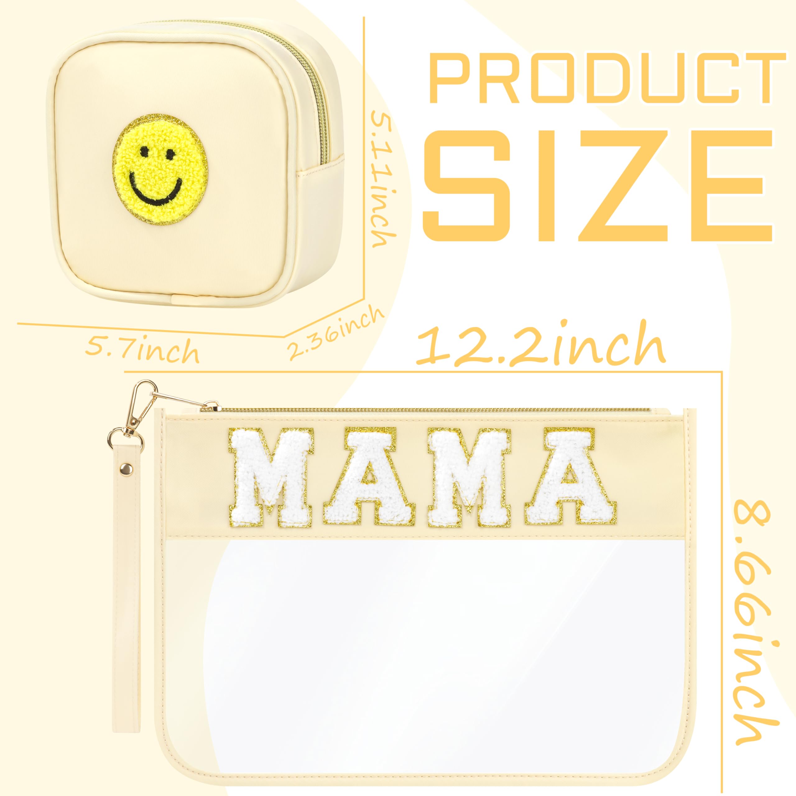 BuyCard 2 Pcs Preppy Patch Clear Mama Bag, Women Chenille Letter Makeup Cosmetic Bag for Travel, PVC Waterproof Organization Outdoor Zipper Pouch Toiletry Bag for Women Girl
