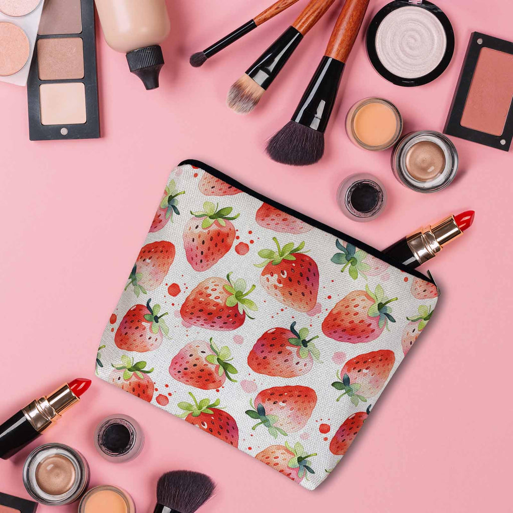 Kalygon Strawberry Cosmetic Travel Bag For Toiletries, Summer Fruits Strawberry Red Makeup Bag Toiletry Bags For Women, Flax Cosmetic Bags Make Up Bag Purse Toiletries Bag Birthday Gift