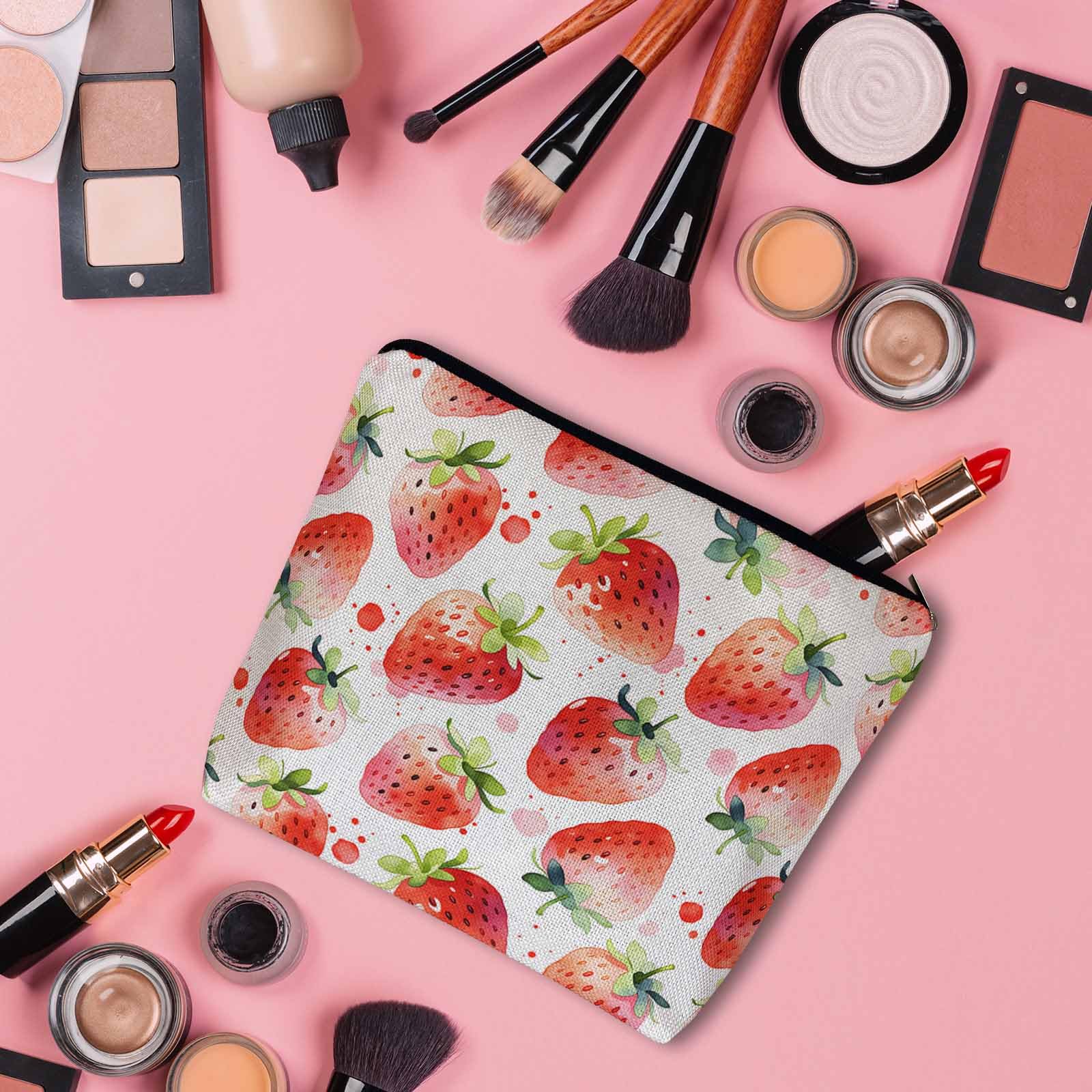 Kalygon Strawberry Cosmetic Travel Bag For Toiletries, Summer Fruits Strawberry Red Makeup Bag Toiletry Bags For Women, Flax Cosmetic Bags Make Up Bag Purse Toiletries Bag Birthday Gift