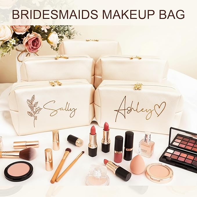 DayOfShe Personalized Name Makeup Bag for Bridesmaid Gifts Bridal Shower Wedding Gifts Custom Travel Toiletry Bag Cosmetic Bag for Best Friend Birthday Gifts