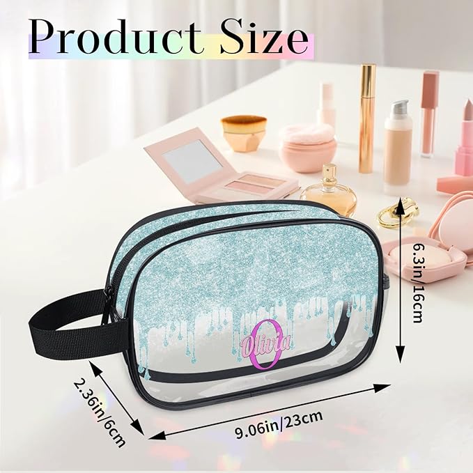 KFNHN Custom Clear Makeup Toiletry Bag, Personalized Travel Cosmetic Organizer Case Portable Bag with Zipper, Lavender Purple, Light Blue Curtain Glittering