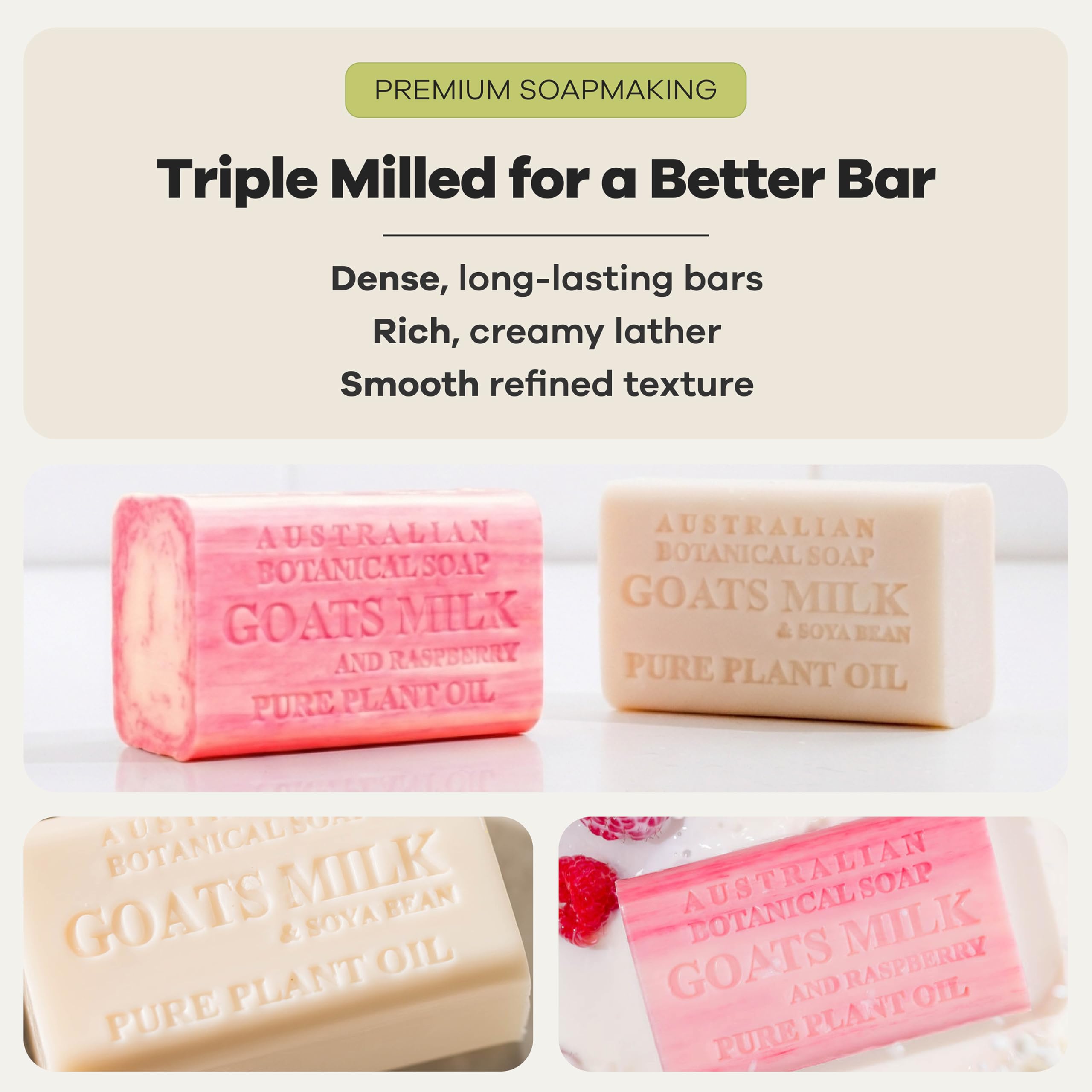 Australian Botanical Soap, Classic Goat Milk and Goat's Milk with Raspberry, 6.6 OZ, Triple Milled Bars made with Enriched with Organic Shea Butter, Pack of 8