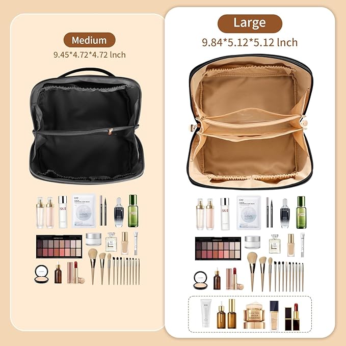 zaleeta Travel Makeup Bag, Large Capacity Cosmetic Organizer Bags for Women, Waterproof PU Leather Toiletry Bags, Wide Open Flat Makeup Case with Divider and Handle