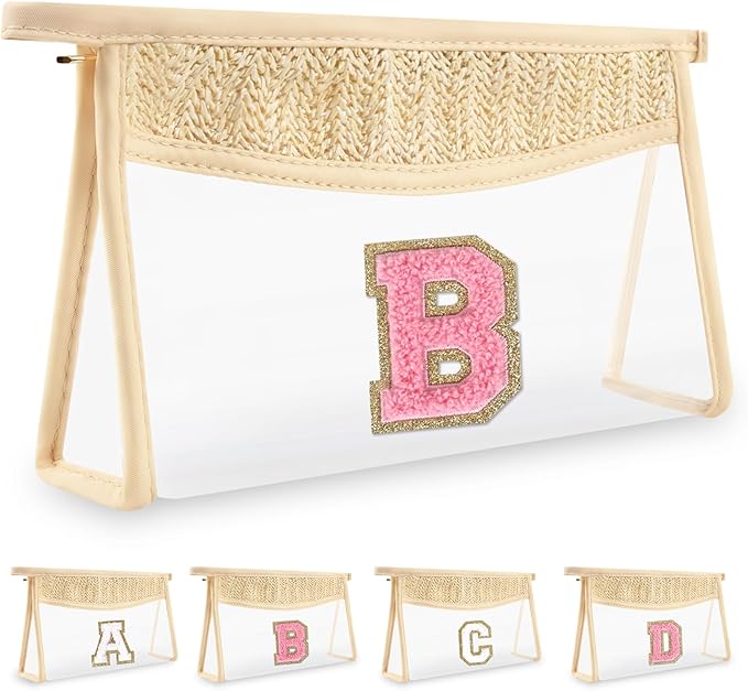Small Boho Straw Initial Letter Makeup Bag Personalized Gift,Cute Clear Chenille Patch Makeup Bag With Zipper,Trendy TSA Approved Travel Toiletry Bag,Gift for Women Girls Birthday Friend, Letter B