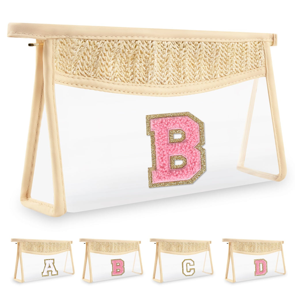 Small Boho Straw Initial Letter Makeup Bag Personalized Gift,Cute Clear Chenille Patch Makeup Bag With Zipper,Trendy TSA Approved Travel Toiletry Bag,Gift for Women Girls Birthday Friend, Letter B