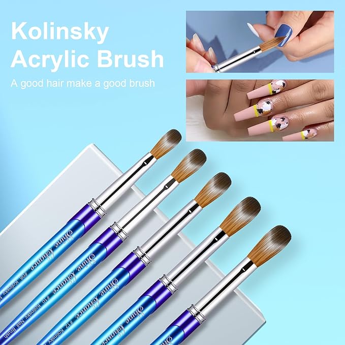 Shine Chance Acrylic Nail Brush Size 14, 100% Pure Kolinsky 3D Art Nail Brush with Gradient Blue Handle, Art Design Powder Nail Brush Pen for Nails Extension & Carving, Acrylic Application Tools