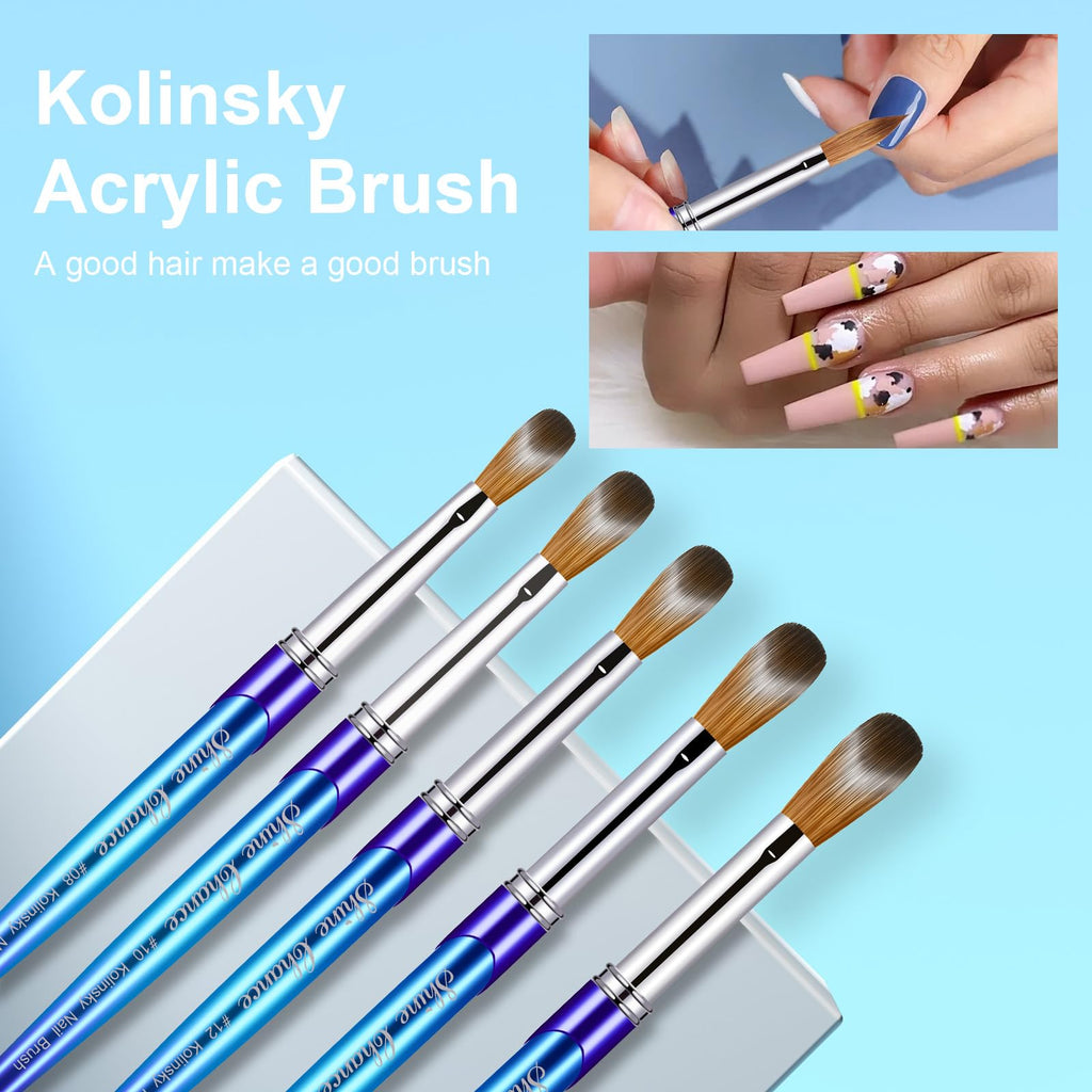 Shine Chance Acrylic Nail Brush Size 14, 100% Pure Kolinsky 3D Art Nail Brush with Gradient Blue Handle, Art Design Powder Nail Brush Pen for Nails Extension & Carving, Acrylic Application Tools