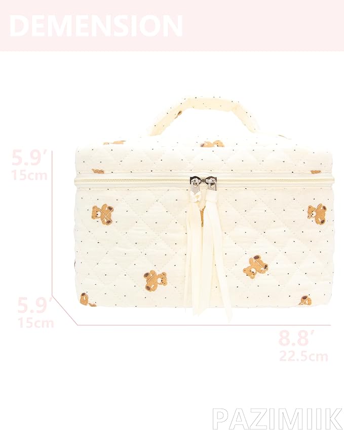 Quilted Makeup Bag for Women, Travel Cosmetic&Toiletry Bag,Gauze Bear