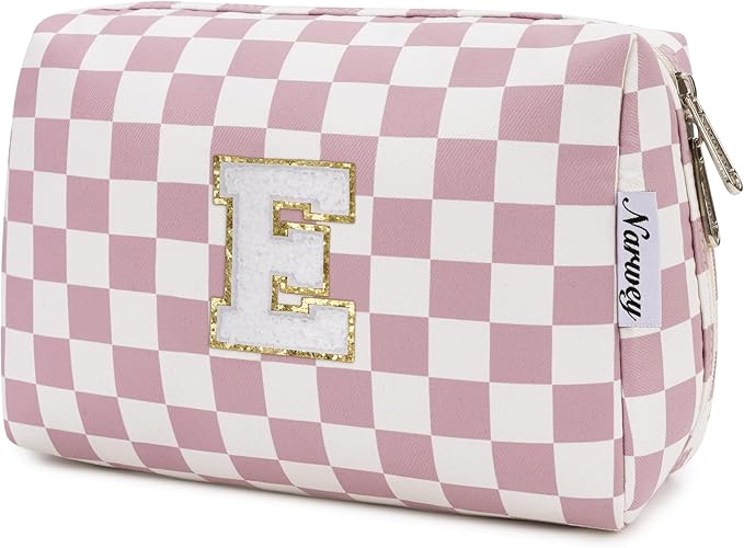 Narwey Birthday Gifts for Teen Girls Kids Women Personalized Initial Checkered Makeup Bag Pink Monogram Cosmetic Bag Trendy Stuff 6 8 10 11 12 13 14 16 18 Years Old Travel Toiletry Bag (Dusty Rose E)