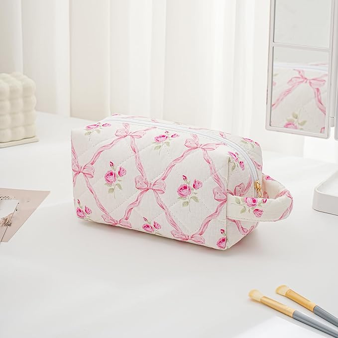 HHQQWZ Makeup Bag Travel Cosmetic Bag for Women, Zipper Make Up Pouch, Floral Flowers Toiletry Organizer Makeup with Handle, Cosmetic Travel Cloth Bag (Pink Bowknot)