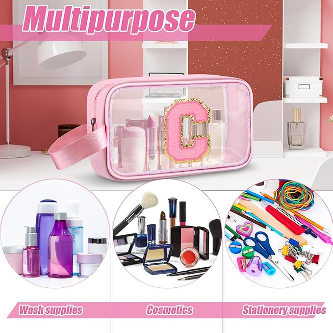 Initial Makeup Bag,Letter C Cute Clear Monogrammed Cosmetic Travel Bag for Womens Girls,Personalized Pink Aesthetic Traveling Make Up Organizer Bag for Beach,Waterproof Toiletry Bag