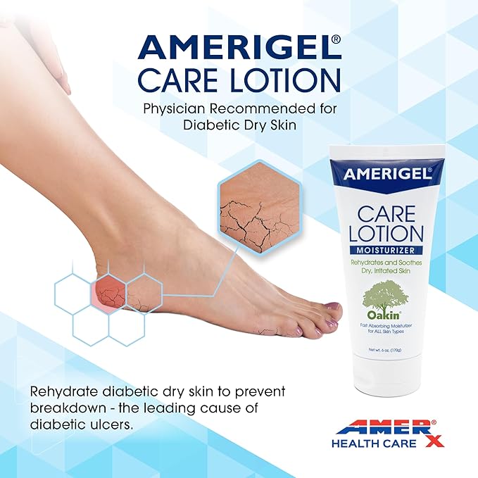 AMERIGEL Care Lotion | Hypoallergenic Moisturizer Rehydrates & Soothes Dry Irritated Skin | Supports Diabetic Skin Care, Minimizes Appearance of Hemosiderin Staining & Venous Stasis Dermatitis (6 oz)