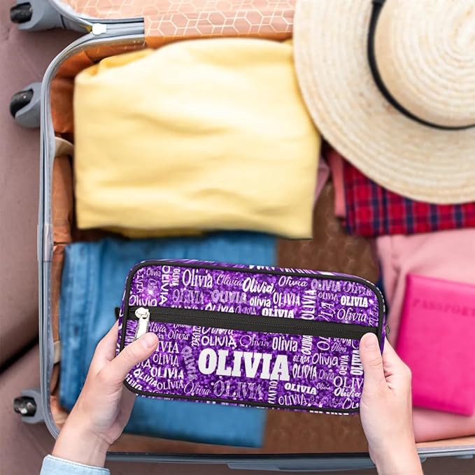 Personalized Makeup Bag with Name Toiletries Purple Glittering Sequins