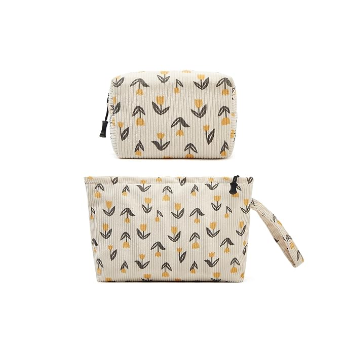 ZOEMTIU Makeup bag set small Cosmetic bag for women purse Corduroy Organizer with interior Pockets,cute Pencil zipper Pouch travel Toiletry Bag with handle(Tulip Yellow)